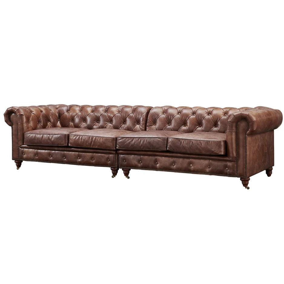 Buffalo Leather Chesterfield Sofa - Bark Brown Leather - 120"