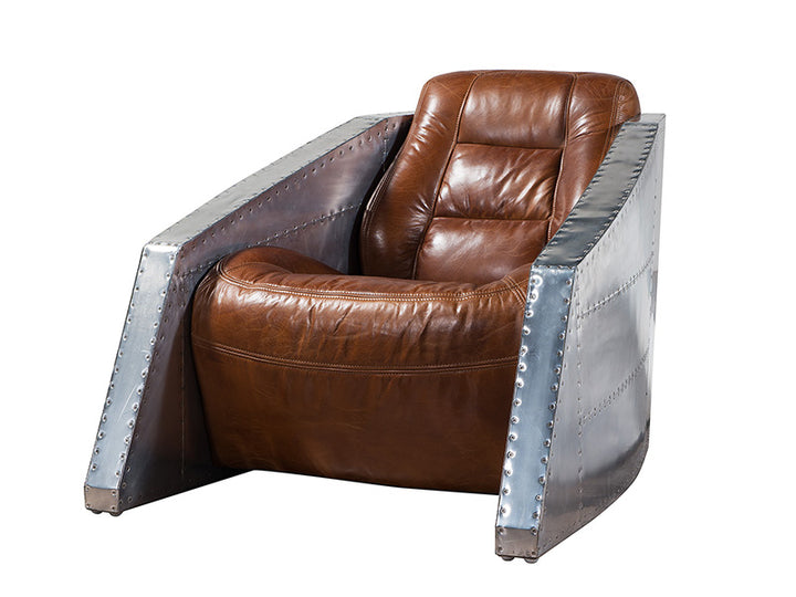 Aviator Air Plane Leather Armchair,Wood Frame+High Density Foam+Vintage Real Leather+ Stainless Steel