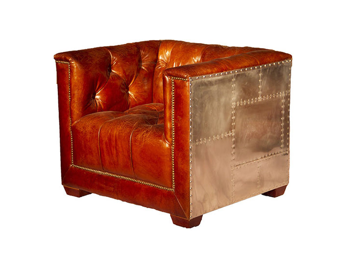 Aviator Aluminum Tufted Leather Armchair,Wood Frame+High Density Foam+Vintage Real Leather+ Aluminum Cover