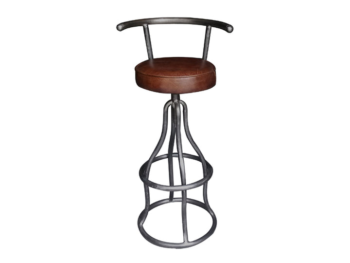 Antique Leather Rustic Base Round Seat Bar Stool