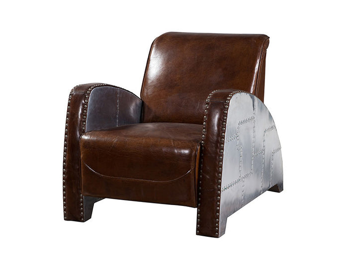 Aviator Grain Leather Aluminum Cover Armchair,Wood Frame+High Density Foam+Vintage Real Leather+ Aluminum Cover