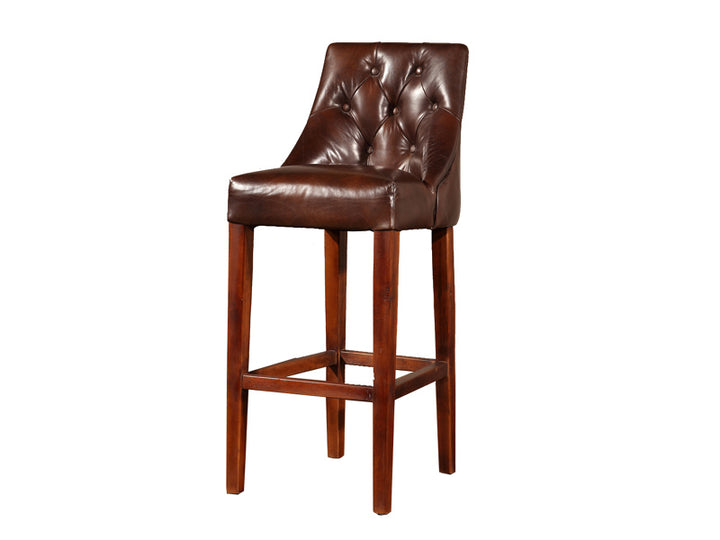 Oak Wood Tufted Back Vintage Leather Bar Stool