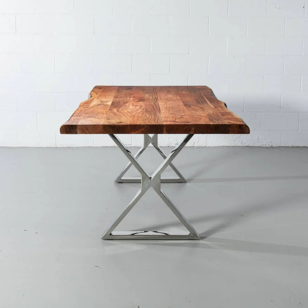 Acacia Live Edge Wood Table with Chrome X Legs/Natural Color
