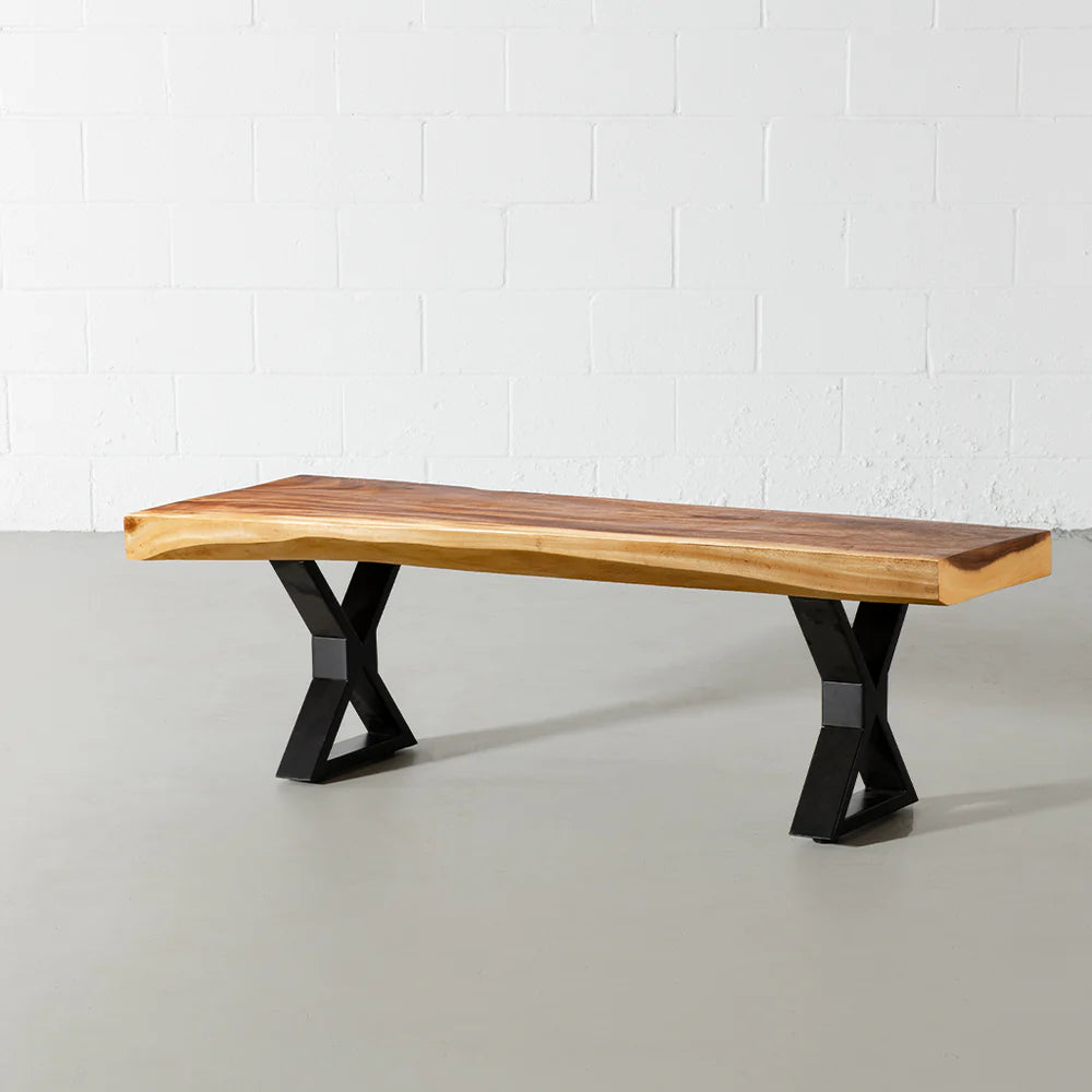 Squar Live Edge Wood Bench with Black X-shaped Legs/Natural