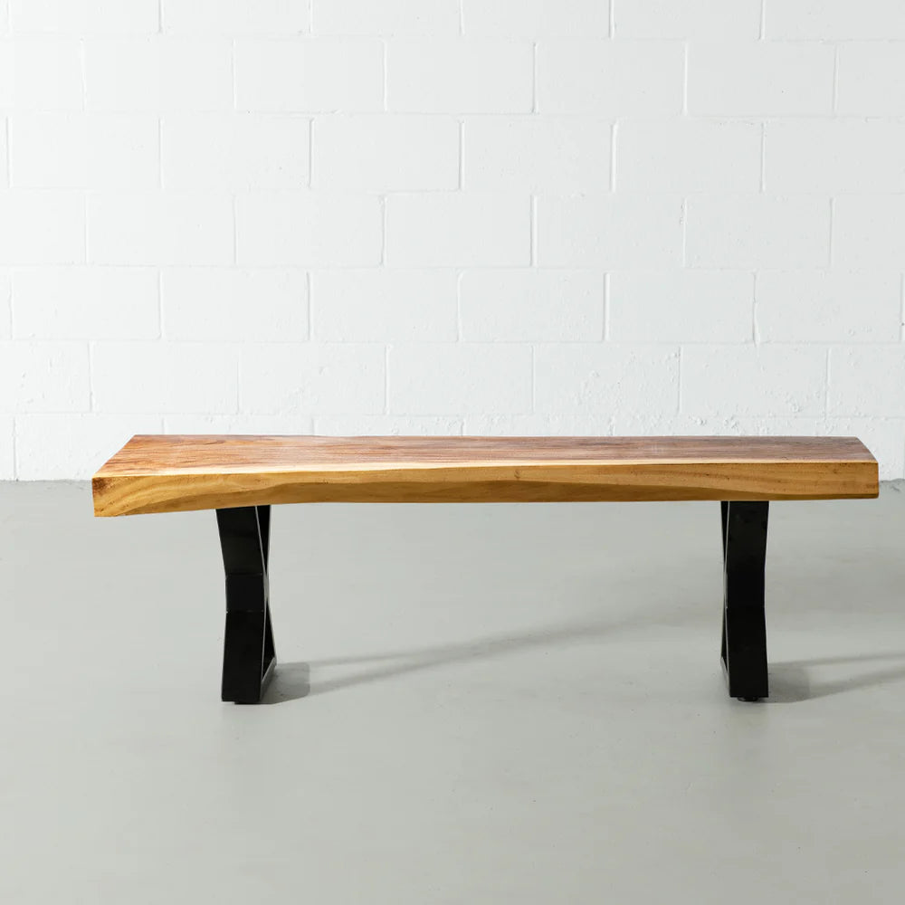 Squar Live Edge Wood Bench with Black X-shaped Legs/Natural