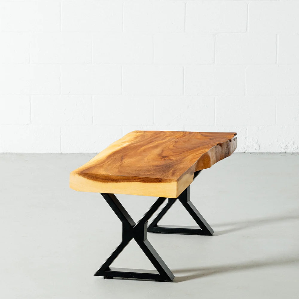 Squar Live Edge Wood Bench with Black X-shaped Legs/Natural