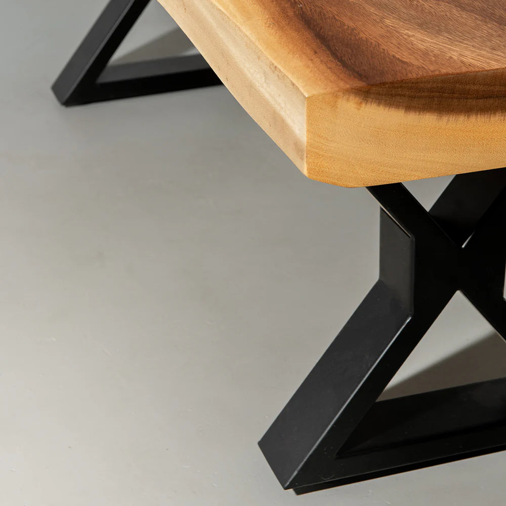 Squar Live Edge Wood Bench with Black X-shaped Legs/Natural
