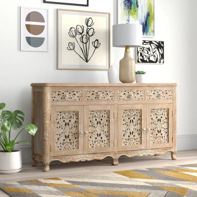 Carved Mango Wood Side Board 4 drawer 4 door