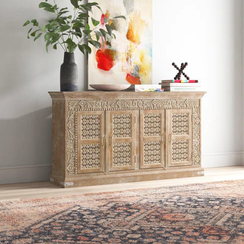 Solid Mango Wood Cnc Work Side Board Cabinet