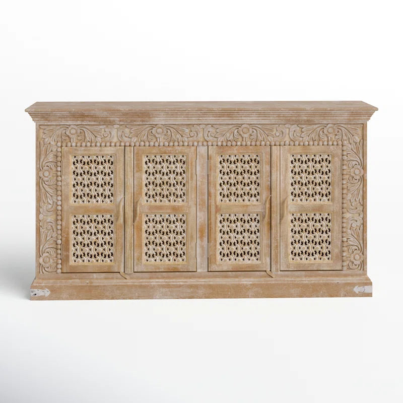 Solid Mango Wood Cnc Work Side Board Cabinet