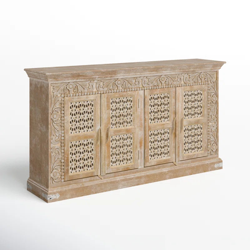 Solid Mango Wood Cnc Work Side Board Cabinet