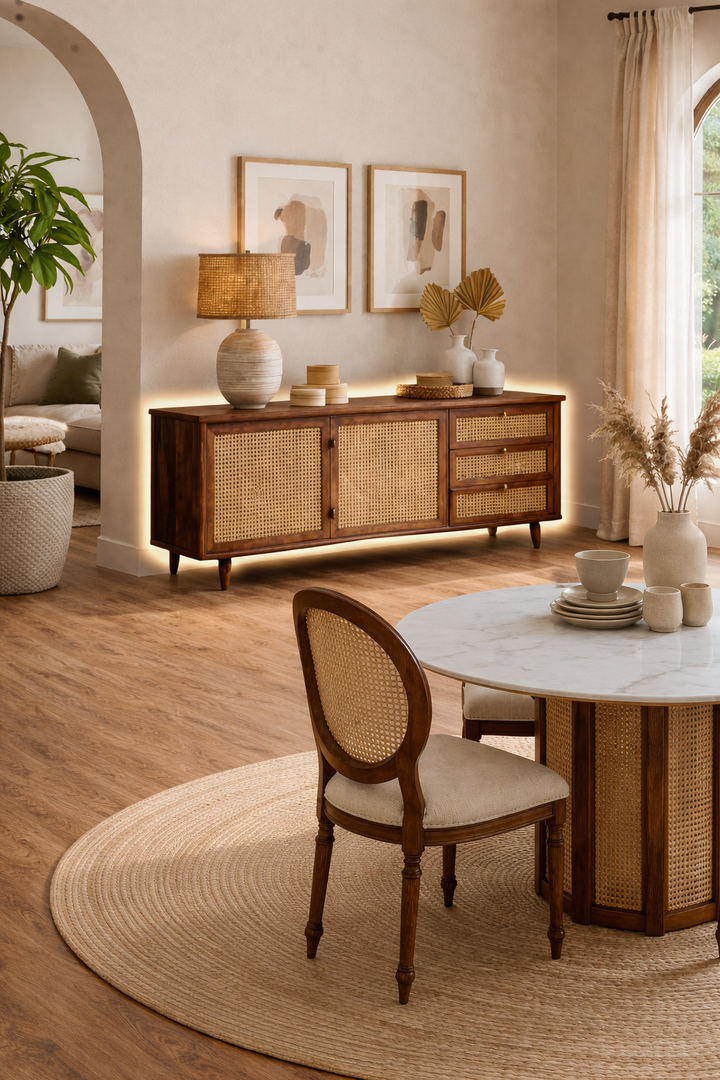 Cane Panel Wooden Sideboard Cabinet