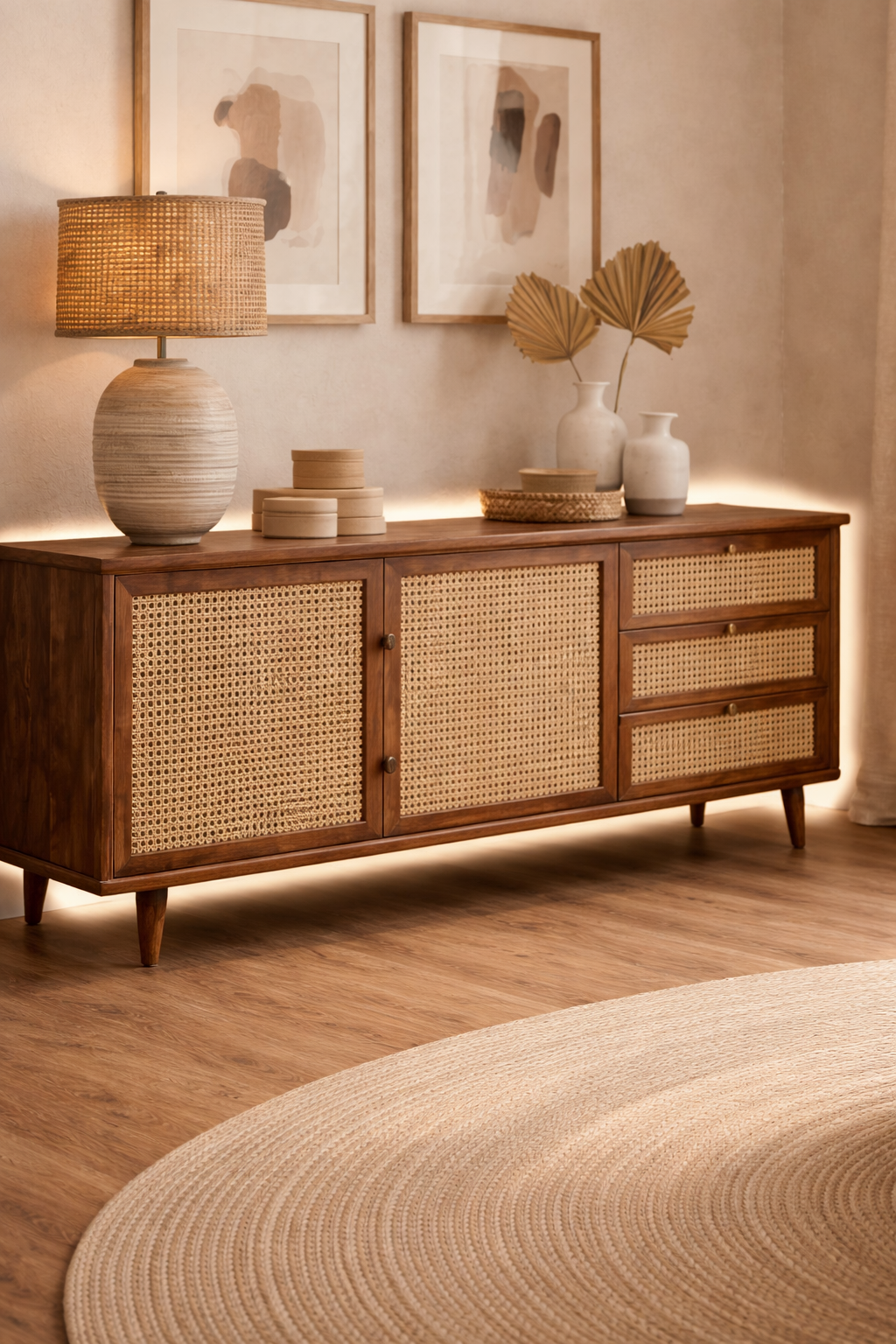Cane Panel Wooden Sideboard Cabinet