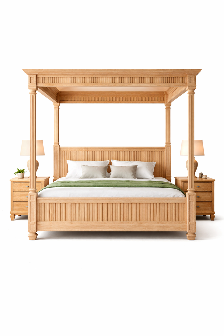 🌊 The Riviera Oak Wood Grand Canopy Bed