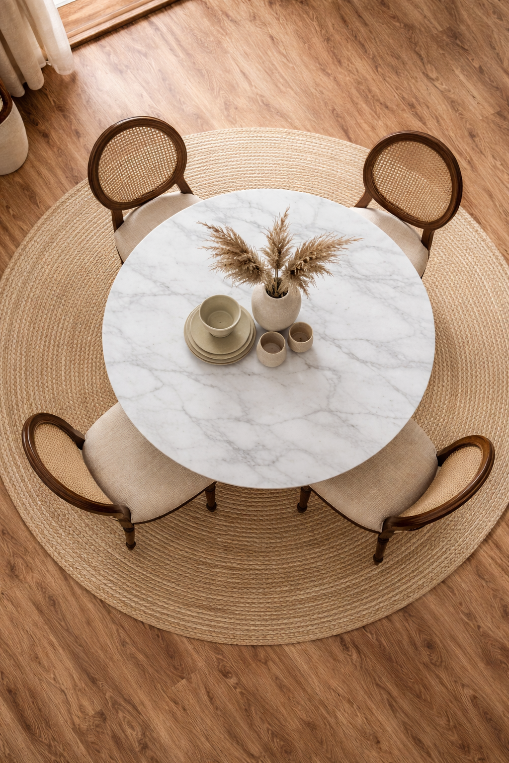 Luxe Cane Base Marble Top Dining Table