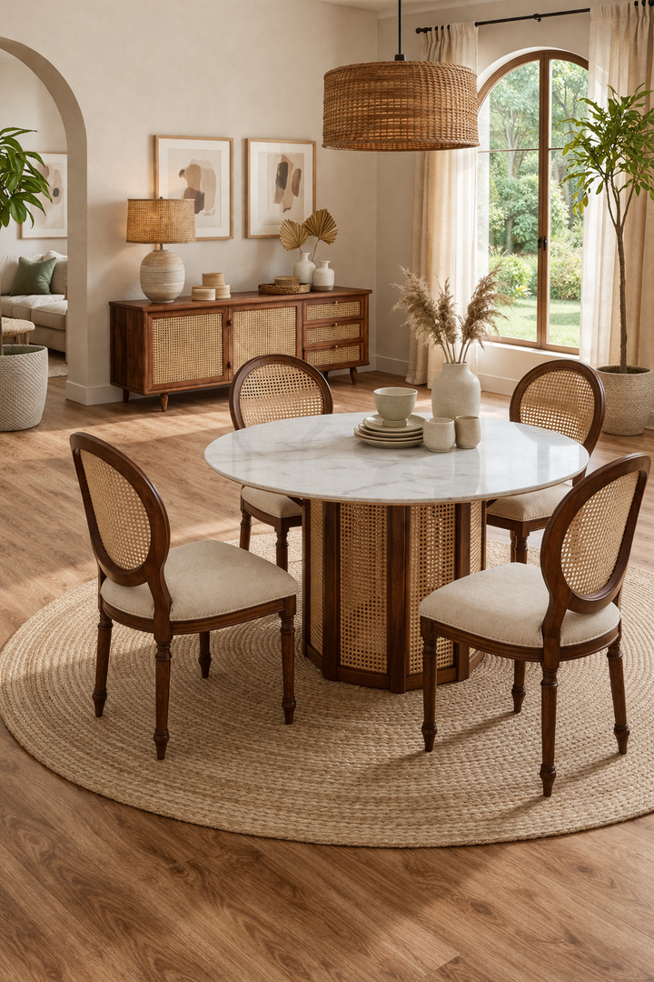 Luxe Cane Base Marble Top Dining Table