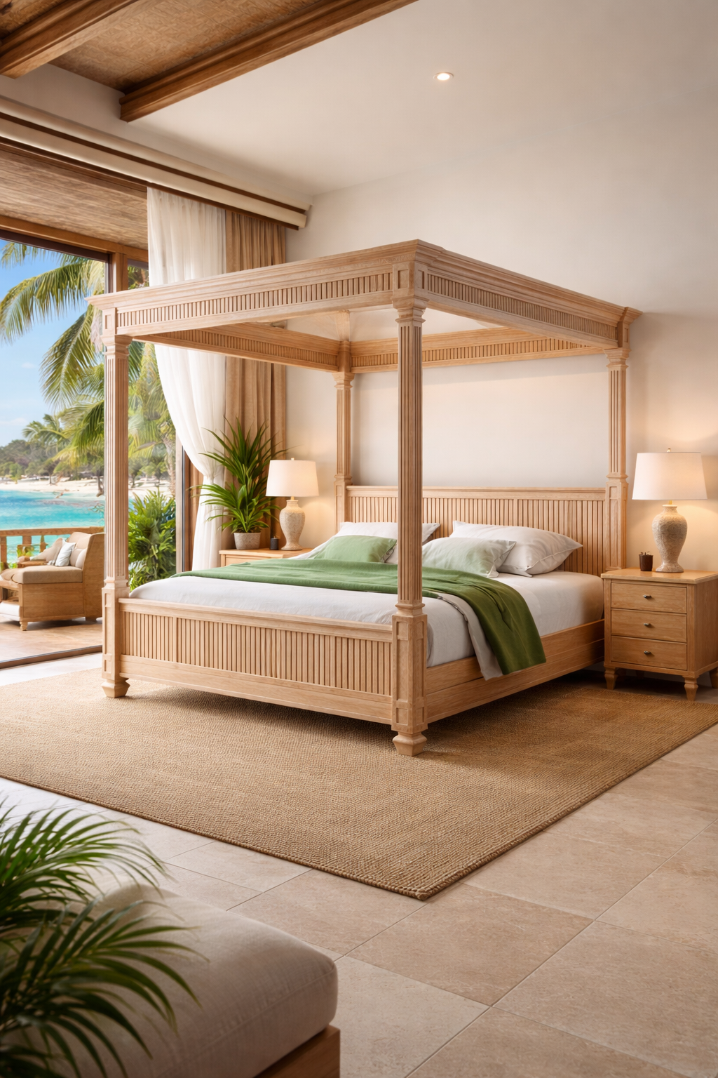 🌊 The Riviera Oak Wood Grand Canopy Bed