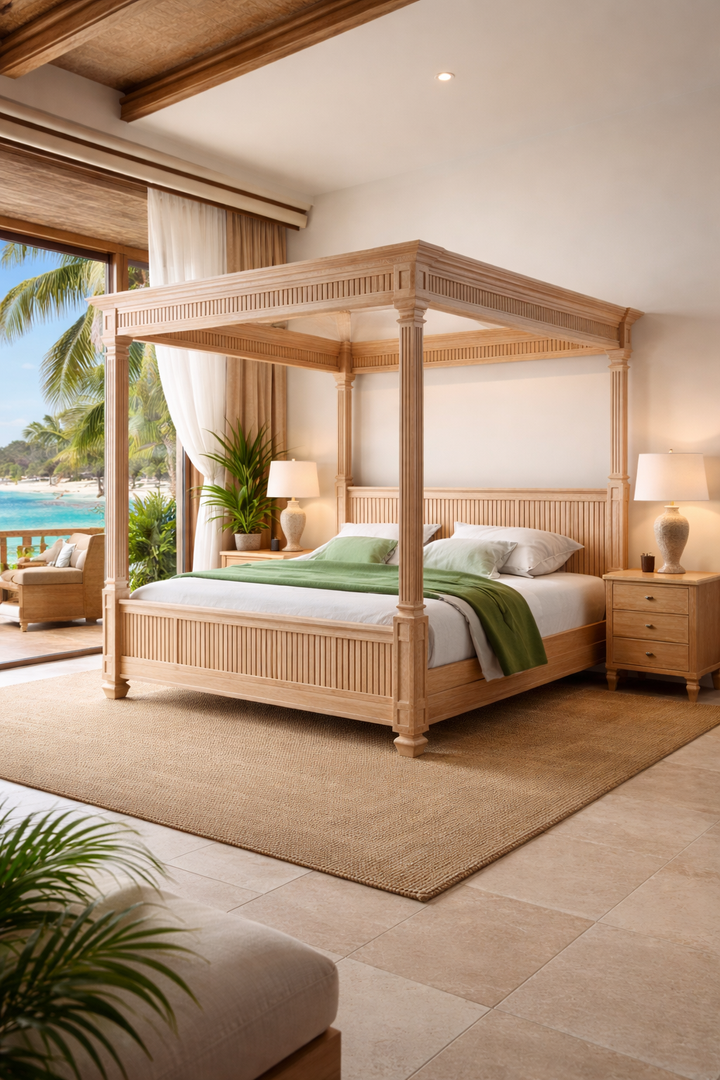 🌊 The Riviera Oak Wood Grand Canopy Bed