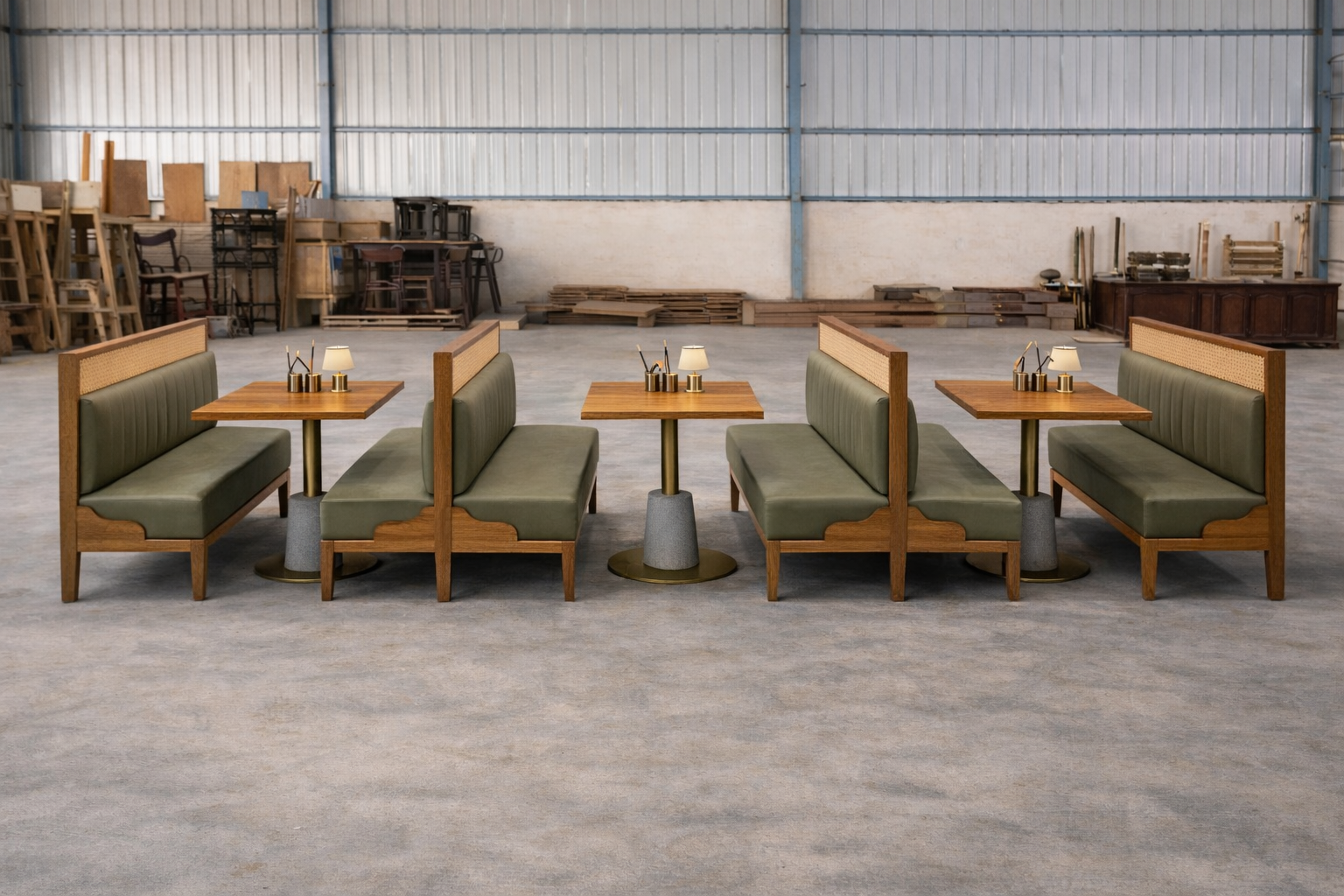 Wooden Fream With Cane Back Restaurant Booth Sofa Set