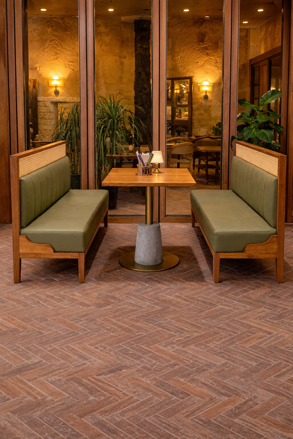 Wooden Fream With Cane Back Restaurant Booth Sofa Set